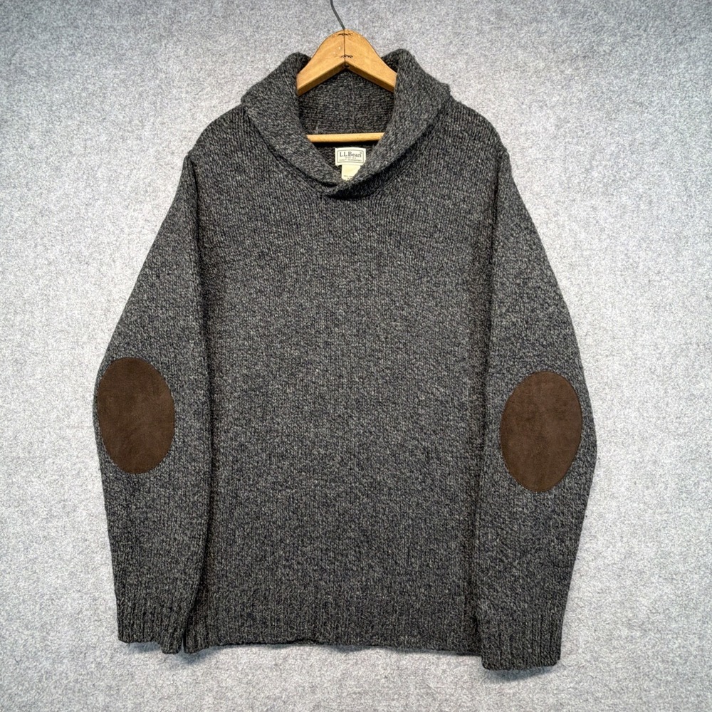 LL Bean Wool Shawl Collar Gray Pullover Sweater Mens Size Medium